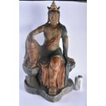 A LARGE EARLY 20TH CENTURY CHINESE CARVED WOOD PAINTED FIGURE OF A BUDDHA modelled seated upon a