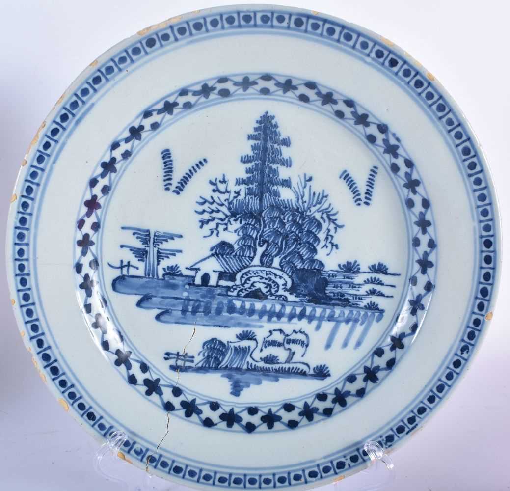 THREE 18TH CENTURY DELFT TIN GLAZED POTTERY PLATES one painted with a single figure, two painted - Image 5 of 6