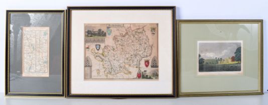 Two framed antique maps together with a framed Etching of Powderham Castle ,20 x 25cm (3)