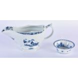 Lowestoft moulded sauce boat painted with two fishing scenes and the interior with painted