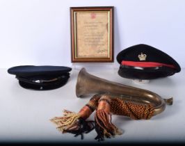 A Military collection , brass Bugle,Caps and a Certificate of Service in the Home Guard during WW2