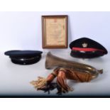 A Military collection , brass Bugle,Caps and a Certificate of Service in the Home Guard during WW2