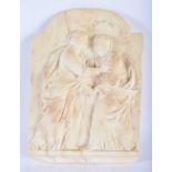 A LARGE 19TH CENTURY CONTINENTAL CARVED MARBLE RELIEF PANEL depicting two figures holding each