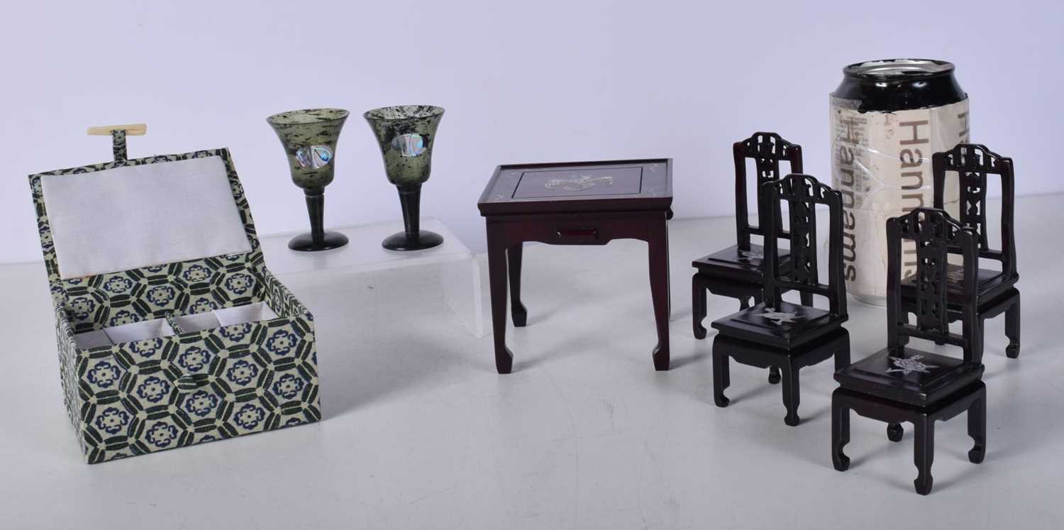 A Chinese miniature hardwood table and chairs with mother of pearl inlay together with a pair of - Image 2 of 10