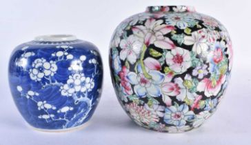 A 19TH CENTURY CHINESE BLUE AND WHITE PORCELAIN GINGER JAR together with a millefiori ginger jar.