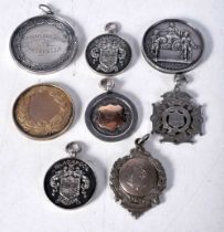Five Silver Fob Medallions with various Birmingham Hallmarks together with 3 other Medals. Total