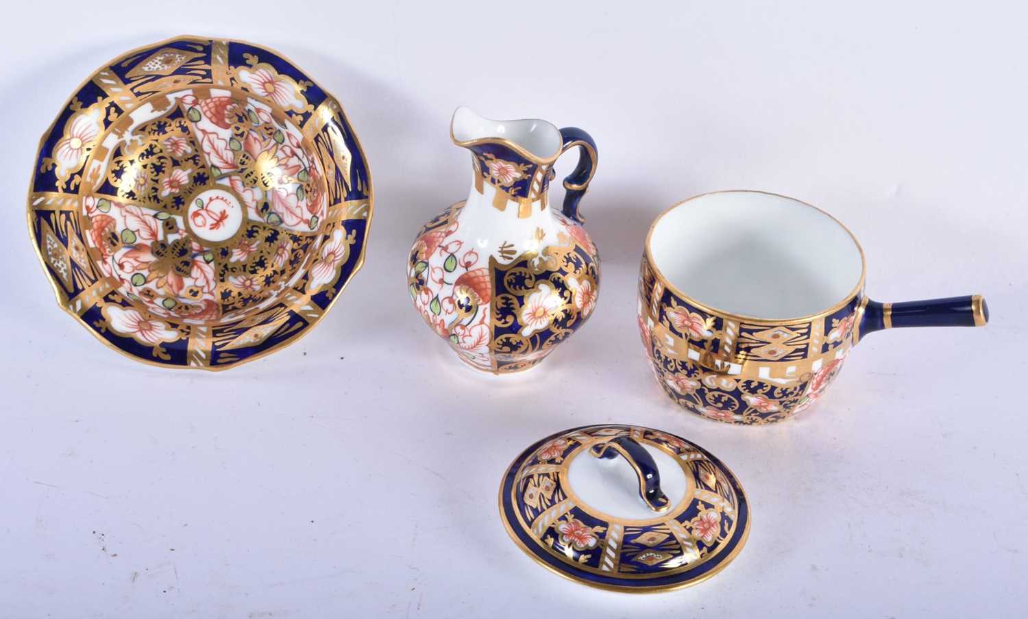 A ROYAL CROWN DERBY MINIATURE WASH JUG AND BASIN together with a similar saucepan and cover. Largest - Image 2 of 3