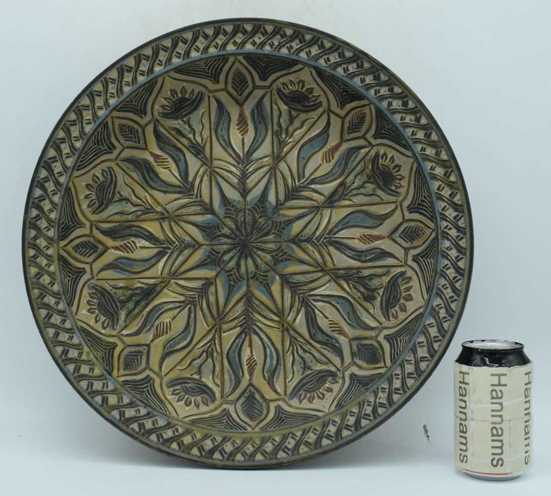 A large Studio pottery Merion dish by John Warren signed to the foot rim 7 x 42 cm - Image 2 of 8