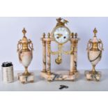 An early 20th Century French gilt metal and marble Clock set with a metal enamelled clock face