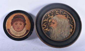 TWO 19TH CENTURY PRE RAPHAELITE ARTS AND CRAFTS PAINTED PORTRAITS one depicting a bearded male