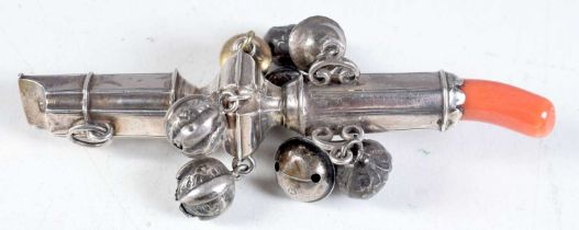 A Georgian Silver Babies Rattle with Whistle and Coral Teether engraved 1740. 11.7cm x 4.6 cm,