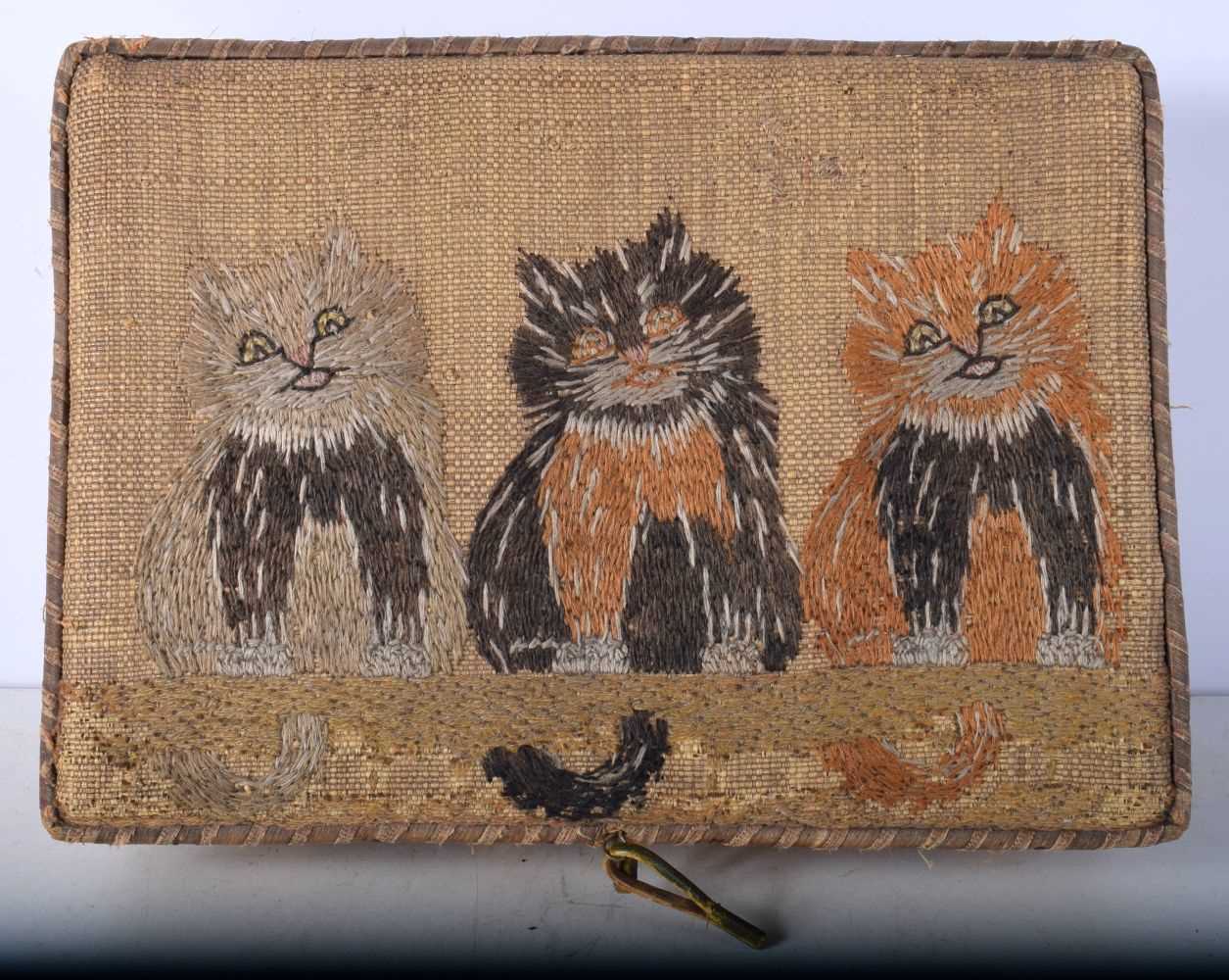 An early 20th Century wicker embroidered Cat sewing box in the style of Louis Wain 7 x 28 x 20 cm - Image 3 of 16
