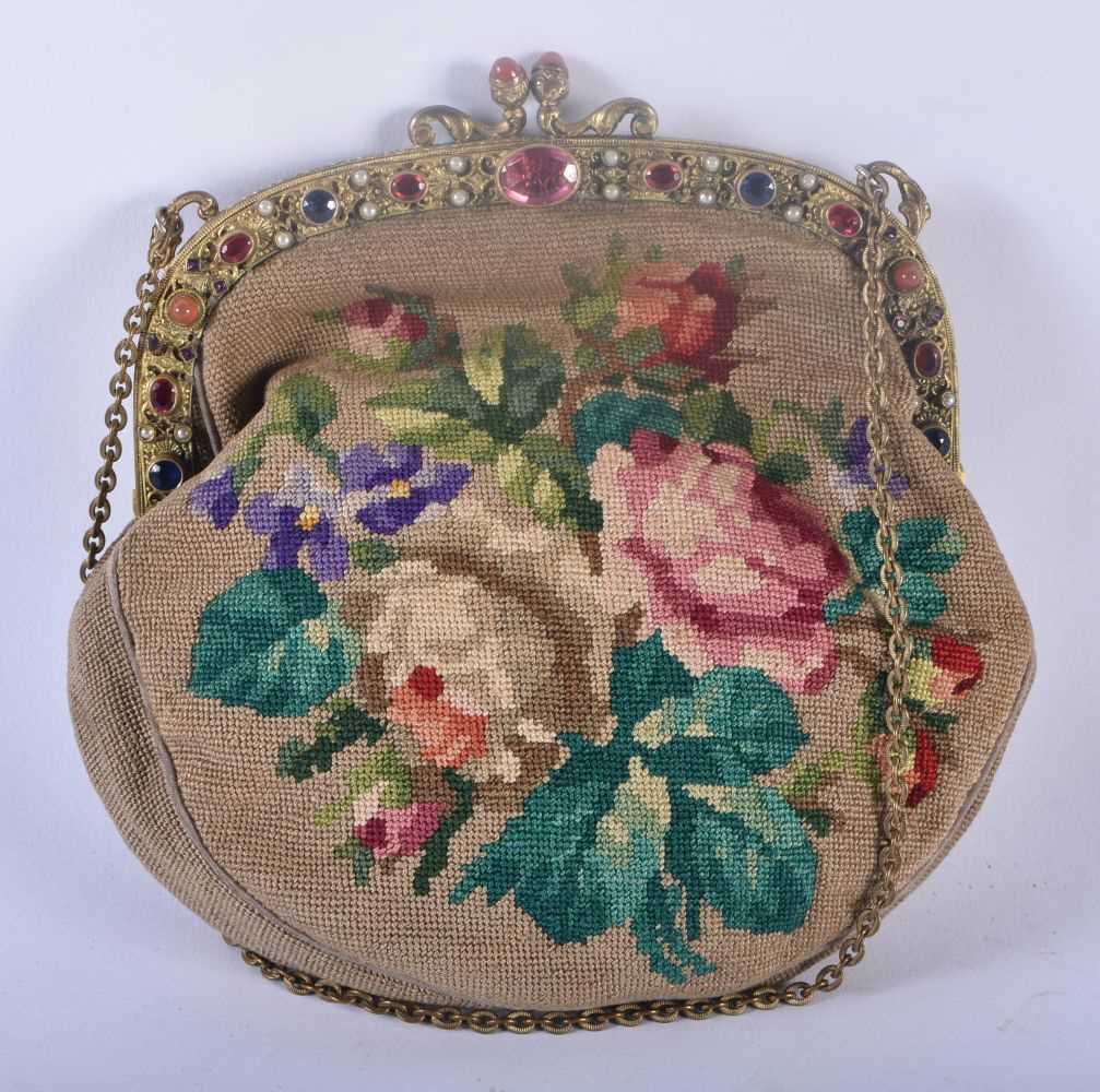 AN EDWARDIAN NEEDLEPOINT EMBROIDERED GEM SET LADIES EVENING PURSE together with a rare 1940s - Image 2 of 5