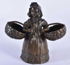 AN ANTIQUE FRENCH BRONZE CANDLE SNUFFER formed as a female with baskets. 10 cm x 8 cm.