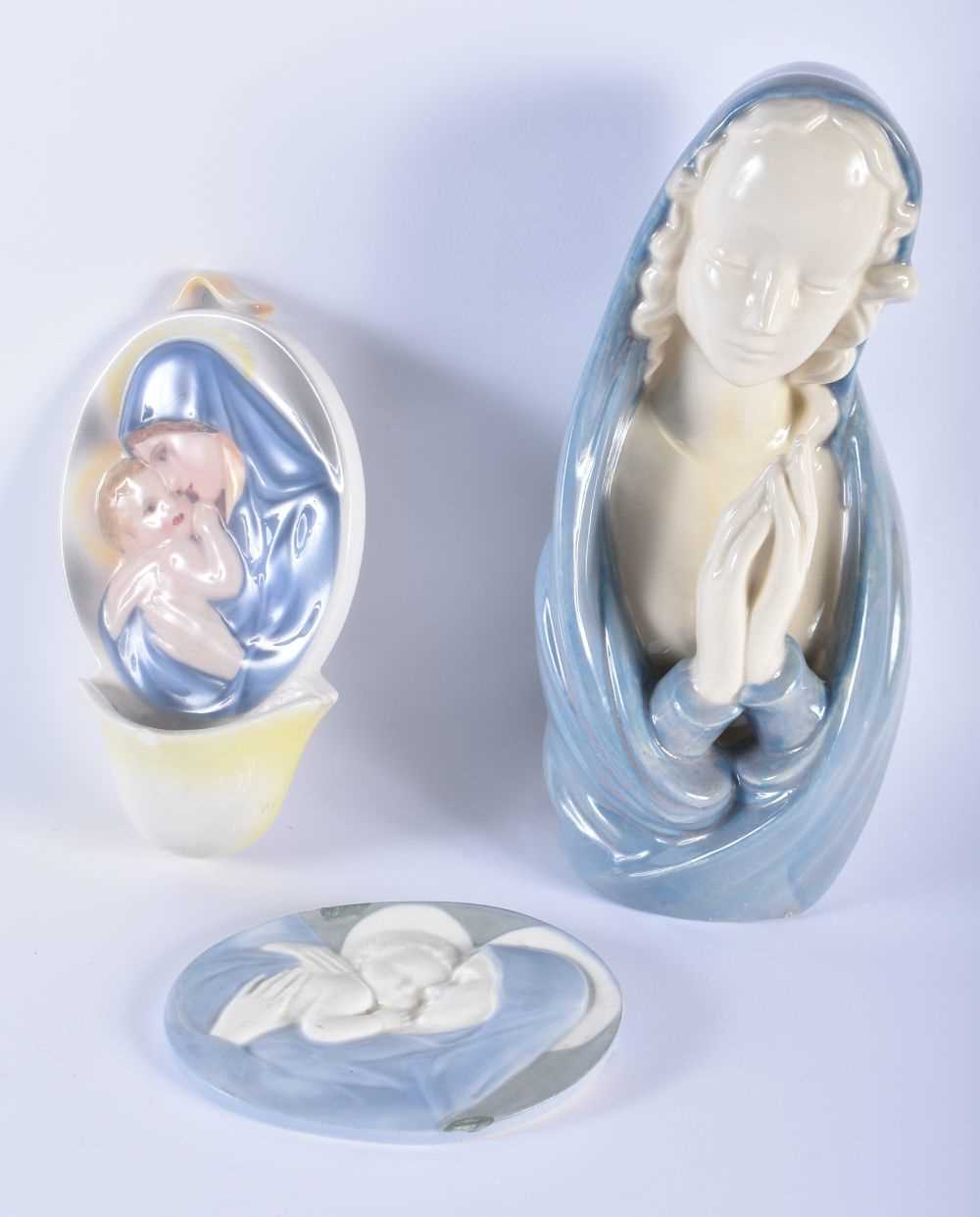 AN AUSTRIAN VIENNA PORCELAIN MADONNA AND CHILD FONT together with a similar English porcelain plaque