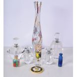 A collection of Cut glass scent bottles together with Soliflore hand blown vase etc 31 cm (8)