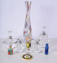 A collection of Cut glass scent bottles together with Soliflore hand blown vase etc 31 cm (8)