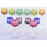 A Set of Twelve Bohemian Czech Cut Color to Clear Crystal Wine Glasses. 20cm x 6.5cm