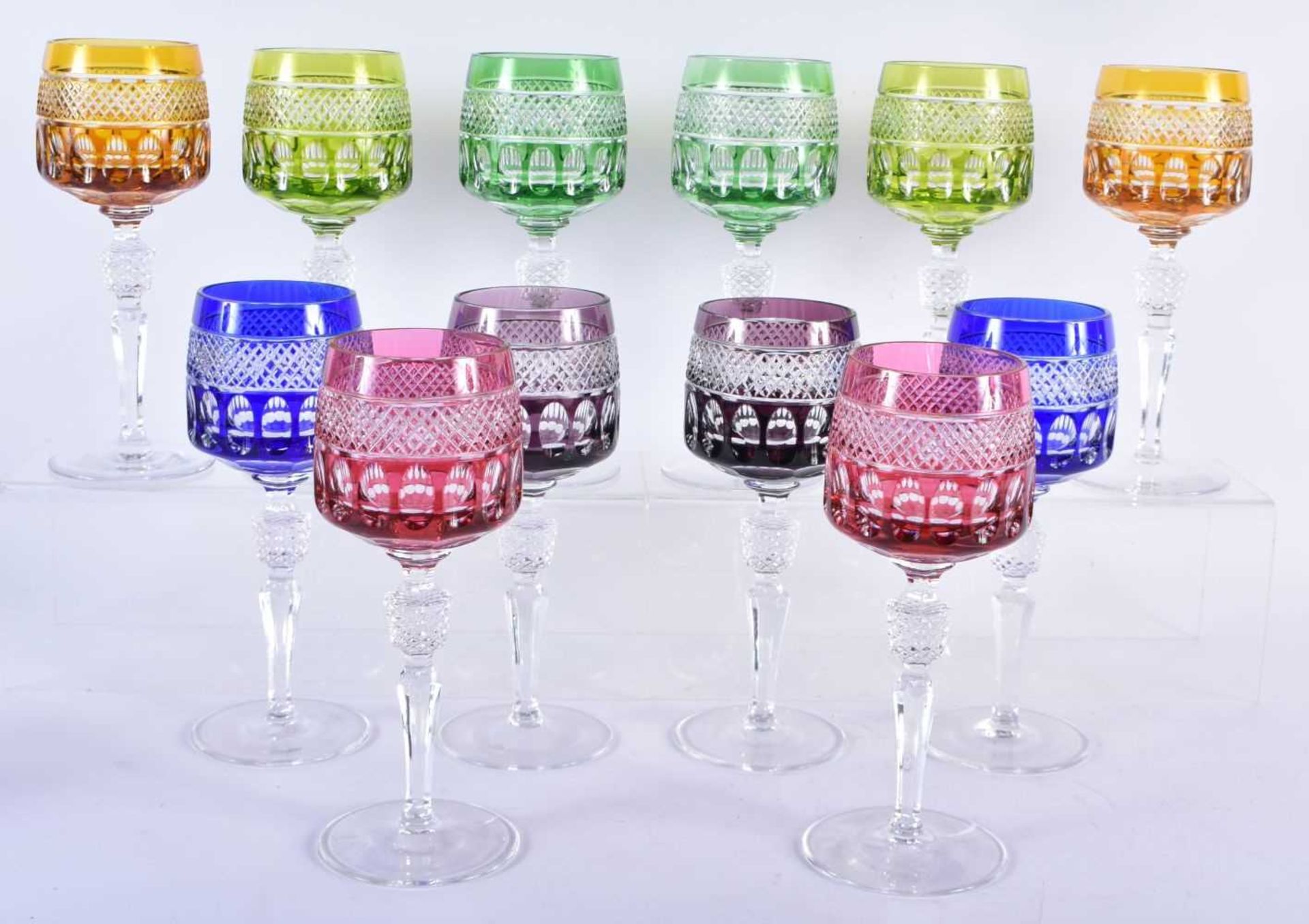 A Set of Twelve Bohemian Czech Cut Color to Clear Crystal Wine Glasses. 20cm x 6.5cm