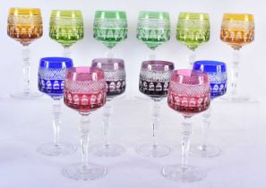 A Set of Twelve Bohemian Czech Cut Color to Clear Crystal Wine Glasses. 20cm x 6.5cm