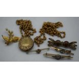 A 14CT GOLD AND PEARL BROOCH together with other yellow metal. 55 grams. (qty)