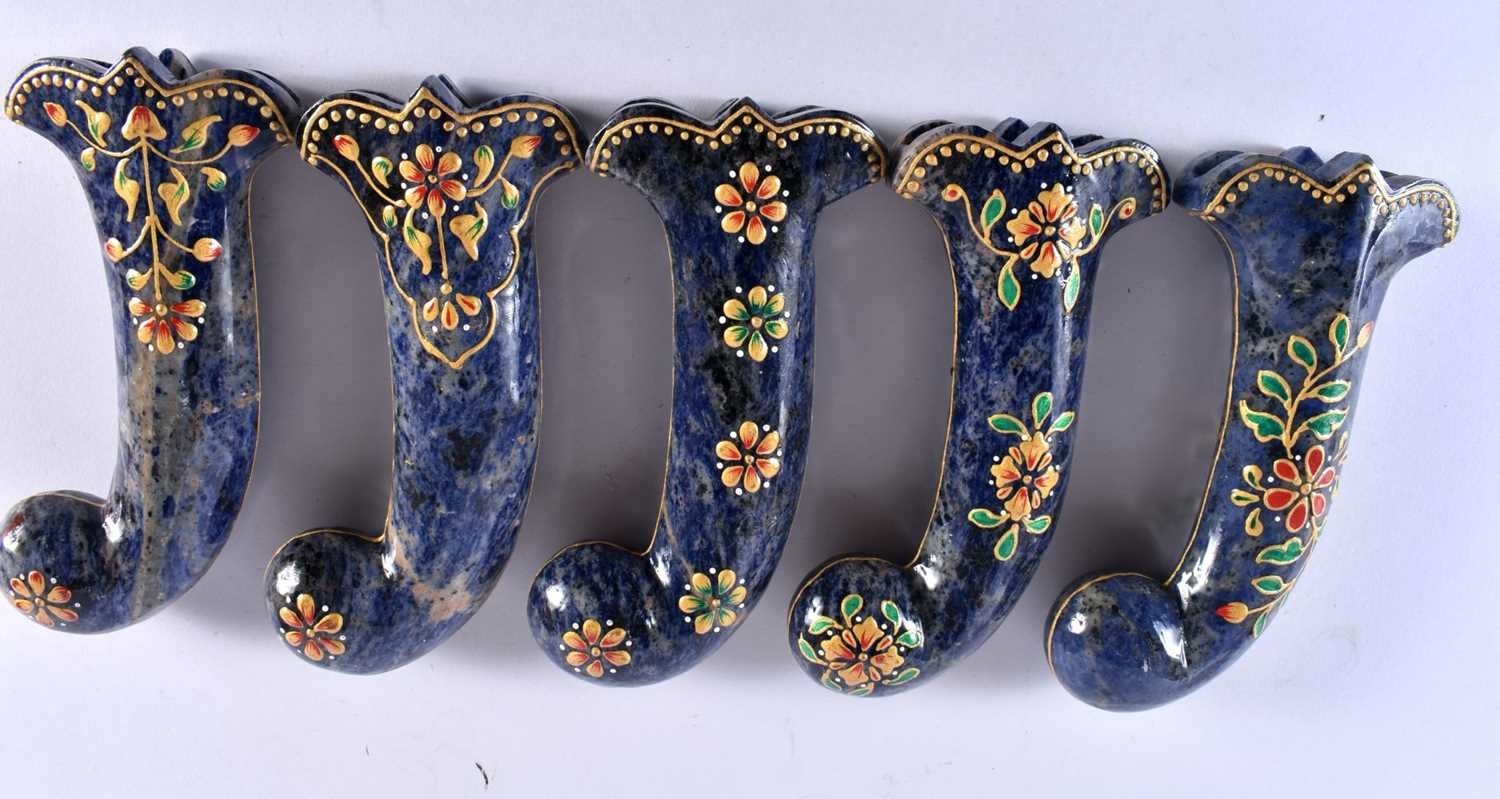 A SET OF FIVE MIDDLE EASTERN QAJAR LACQUER HARDSTONE DAGGER HANDLES overlaid with foliage and vines. - Image 5 of 6