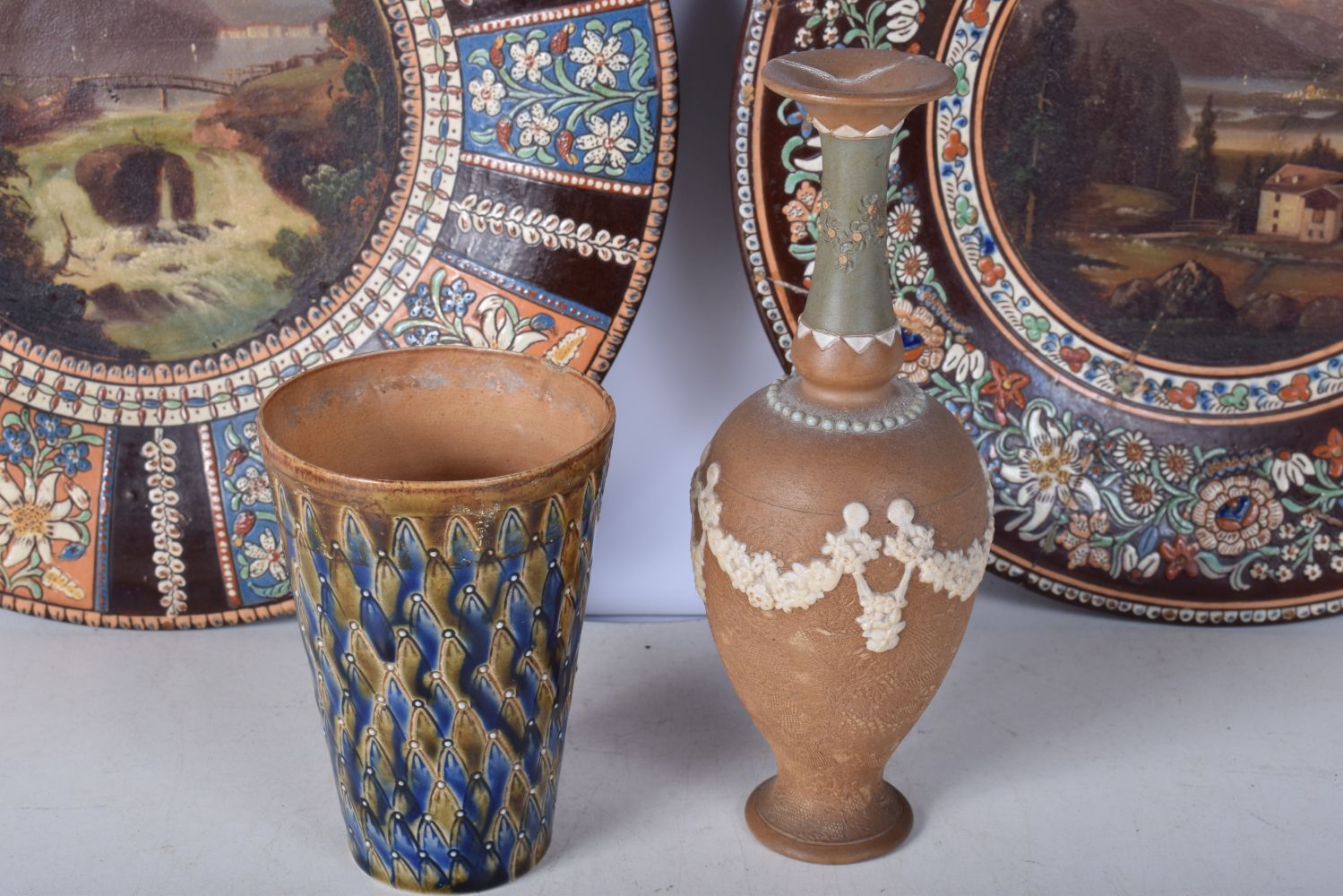 A pair of Swiss Thoune glazed pottery plates 29.5 cm Diameter together with two Doulton items Beaker - Image 6 of 8