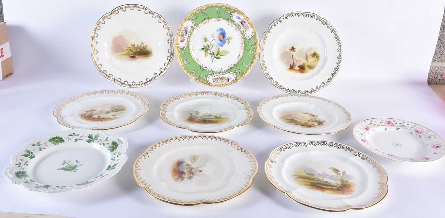 Mid 19th century Eight decorative plates painted with landscapes probably Copeland, a Derby plate