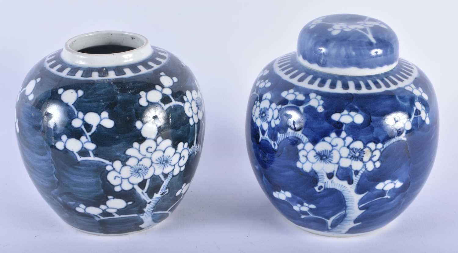 TWO 19TH CENTURY CHINESE BLUE AND WHITE PORCELAIN GINGER JARS Kangxi style. Largest 15 cm x 12 - Image 2 of 4