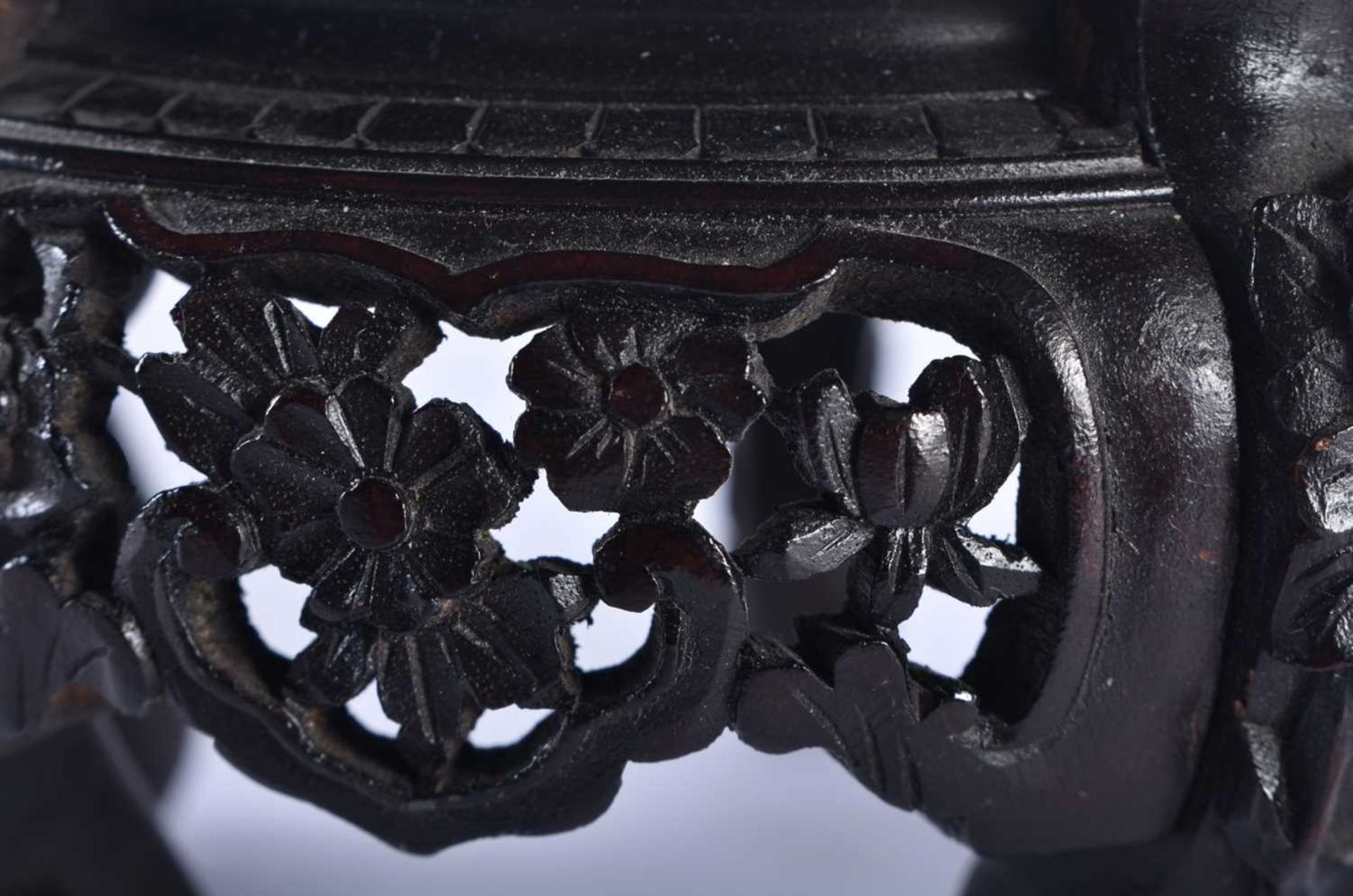 A 19TH CENTURY CHINESE CARVED RETICULATED HARDWOOD STAND Qing, together with a large Qing zitan type - Image 4 of 17