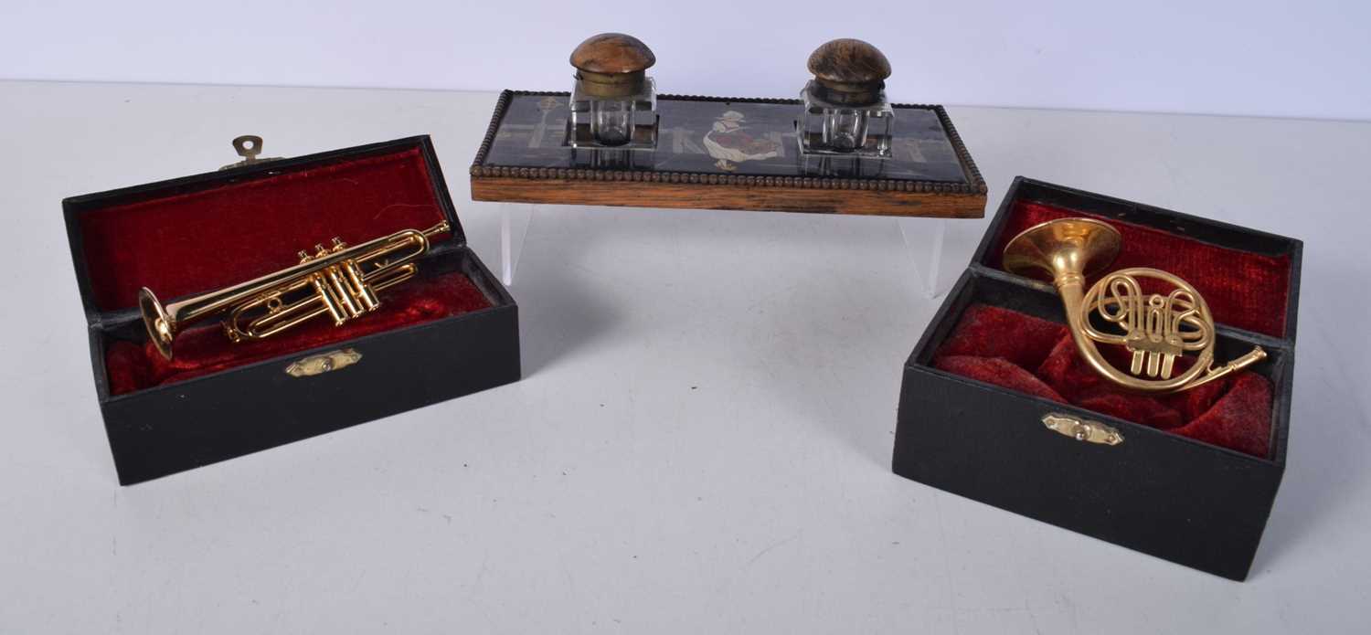 Two cased miniature brass wind instruments ,French horn and a Trumpet together with a ink stand 21 x - Image 2 of 8