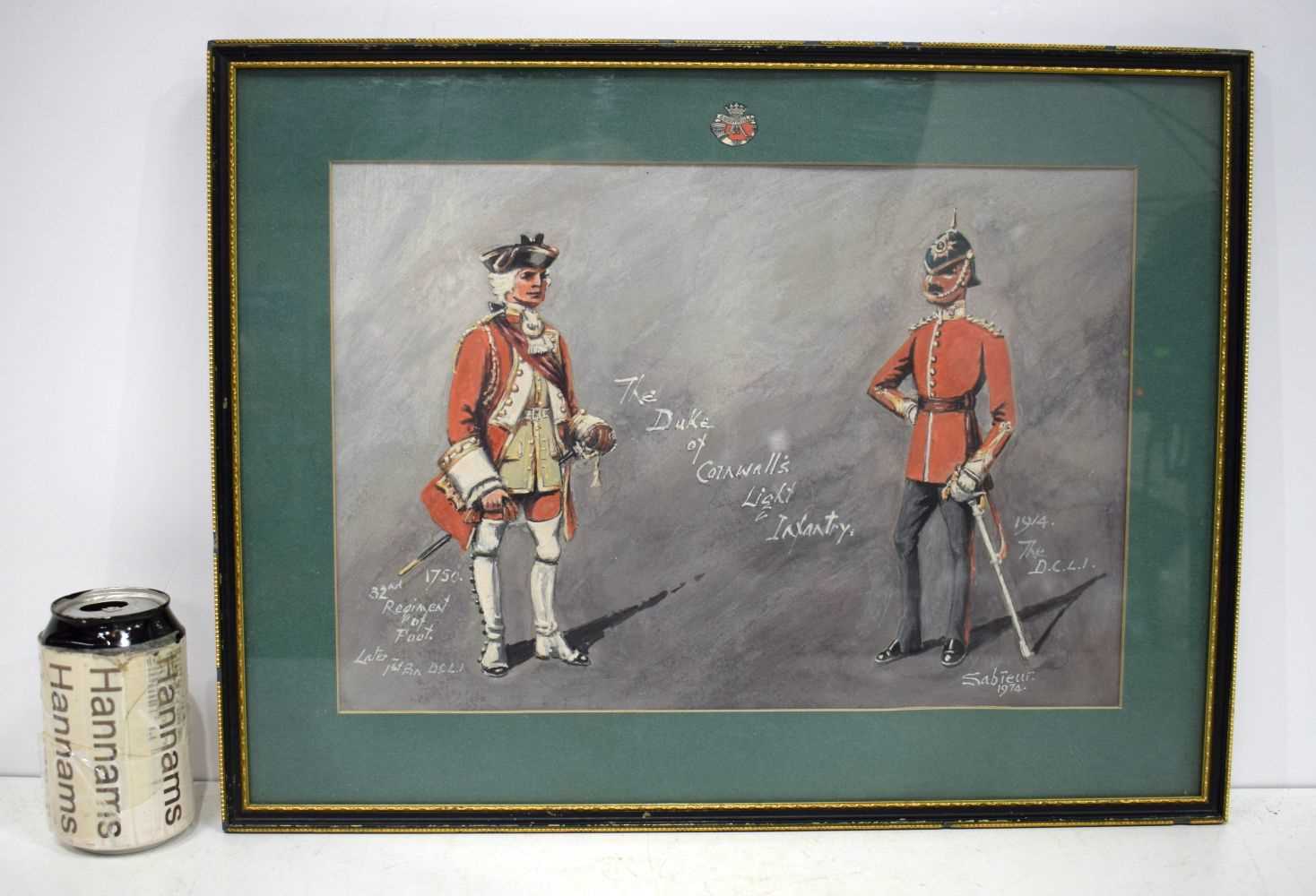 A framed Gouache study of The Duke of Cornwall light Infantry signed Sabreur 1974 26 x 37 cm. - Image 2 of 8