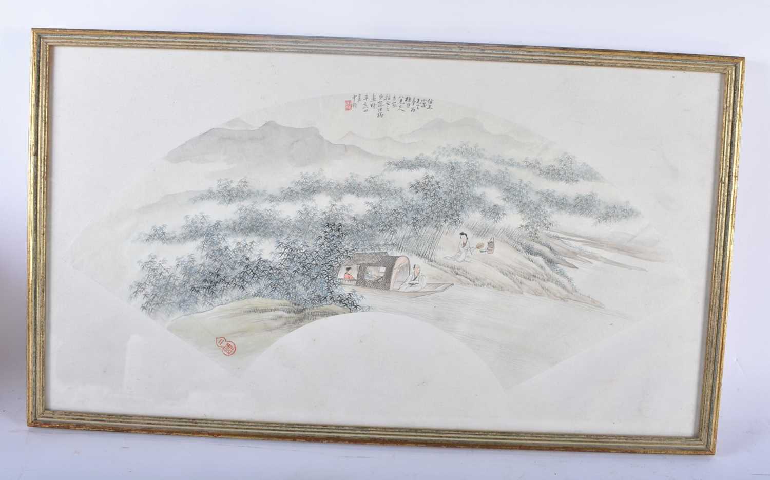 Attributed to Rong Zuchun (1872-1944) 2 x Fan watercolours, Figures by the lake. 57 cm x 33 cm. - Image 2 of 12