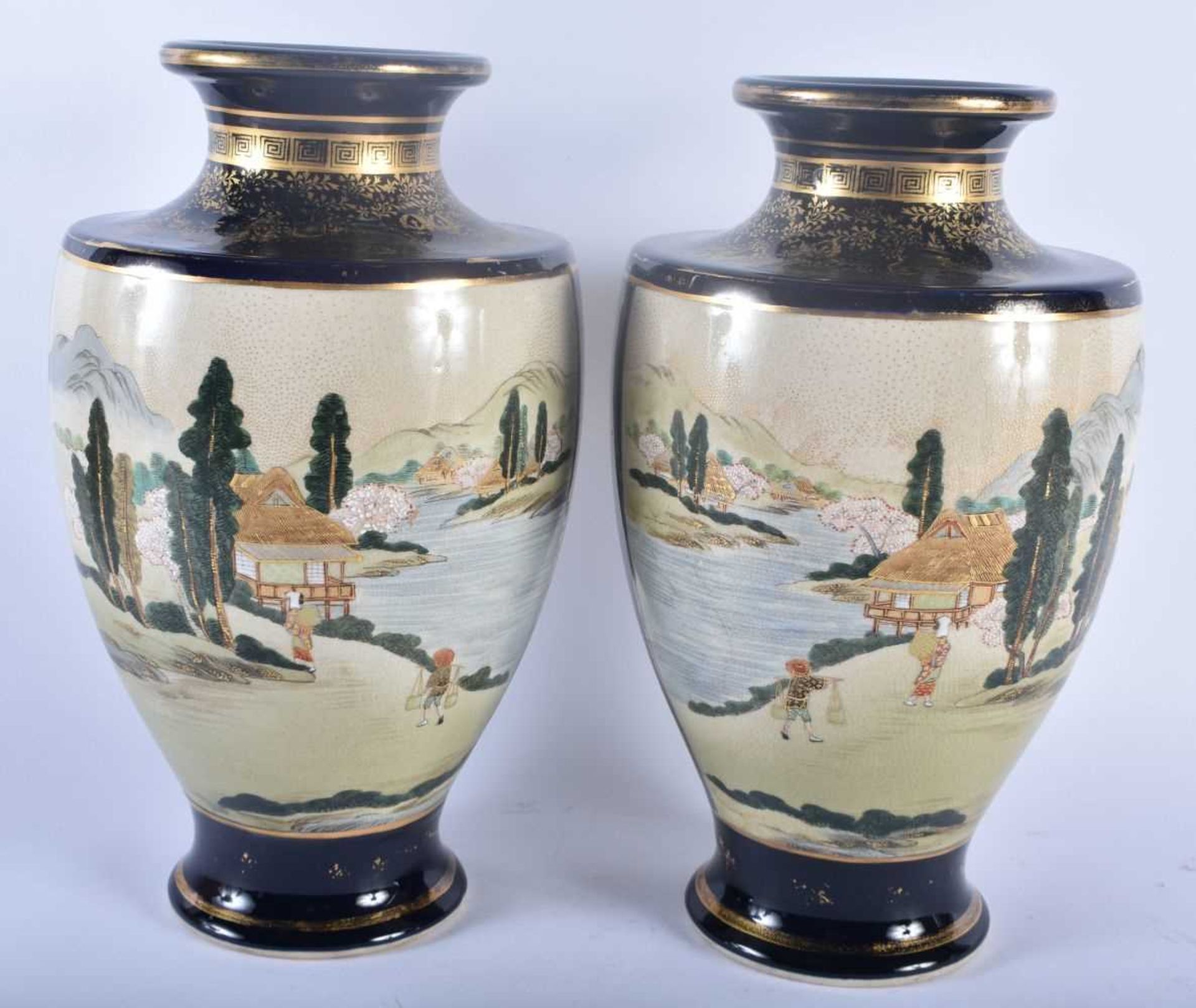 A LARGE PAIR OF LATE 19TH CENTURY JAPANESE MEIJI PERIOD SATSUMA VASES painted with landscapes. - Image 3 of 5