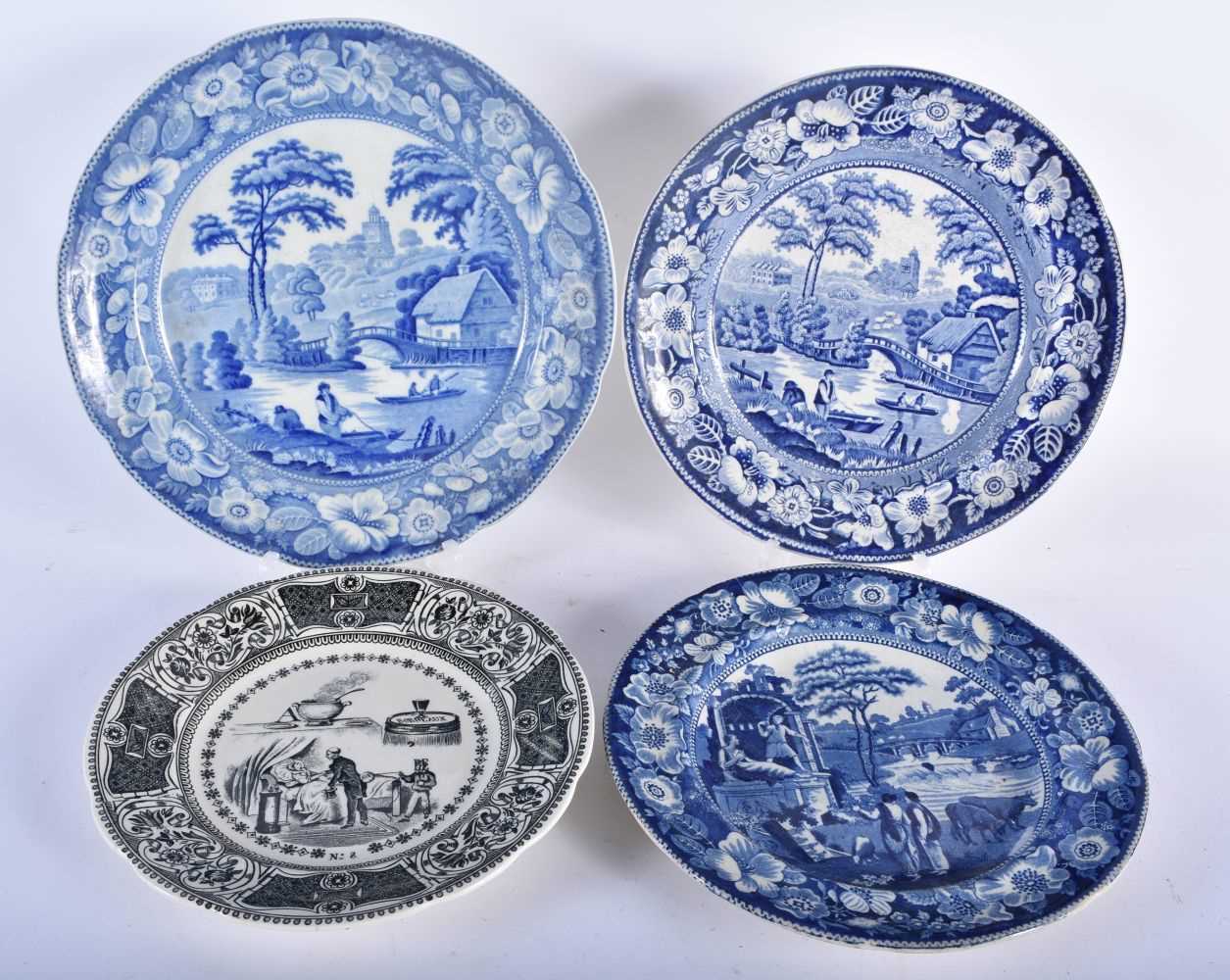 THREE ANTIQUE BLUE AND WHITE POTTERY PLATES together with a French Gien dish. 24 cm wide. (4)