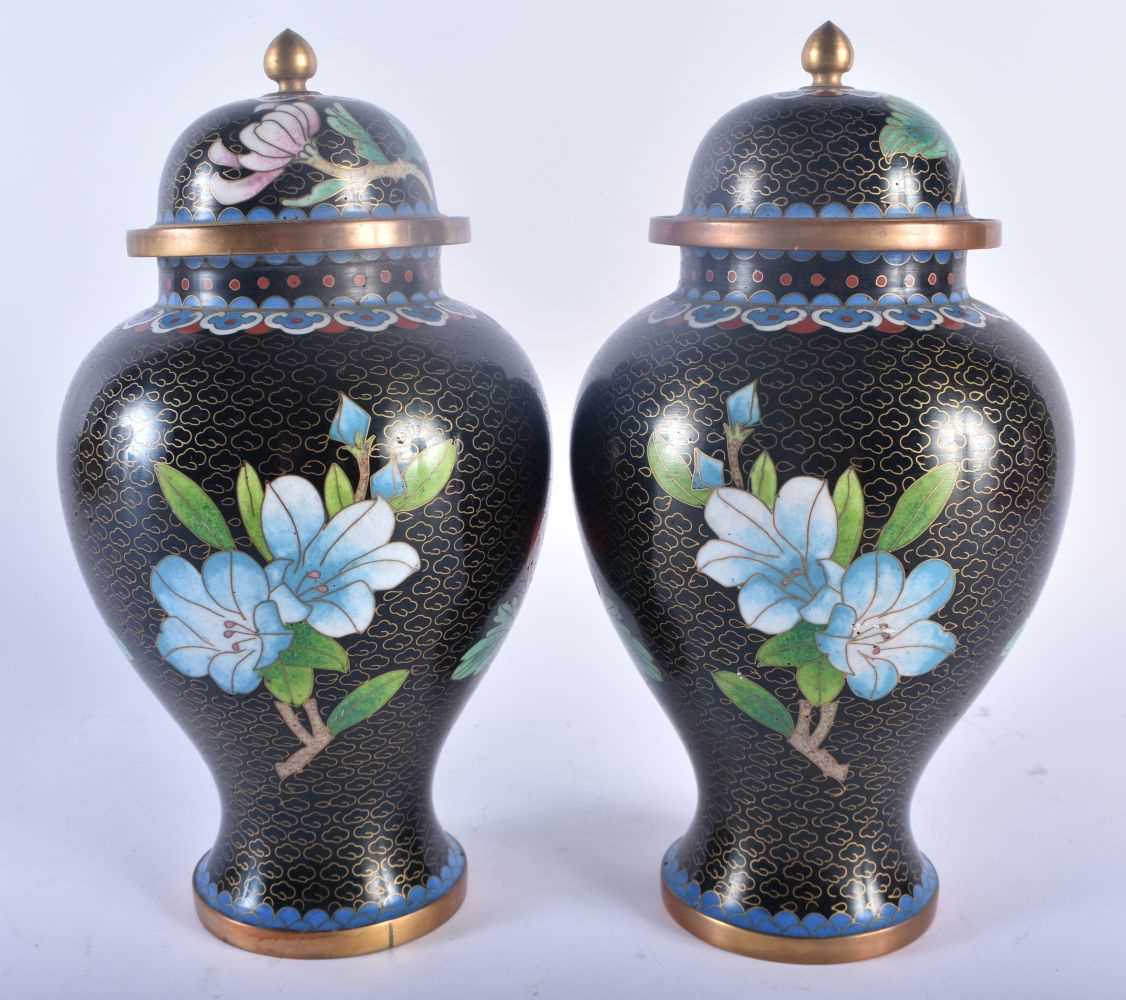 TWO PAIRS OF CHINESE REPUBLICAN PERIOD CLOISONNE ENAMEL VASES decorated with foliage. Largest 24.5 - Image 6 of 8