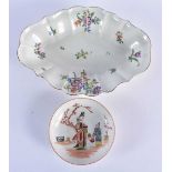 AN 18TH CENTURY WORCESTER PORCELAIN LOBED DISH painted with flowers, together with another 18th