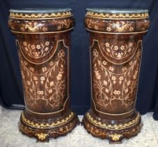 A pair of Baroque style half moon inlaid marble topped one draw pedestals 156 x 56 x 30cm (2)