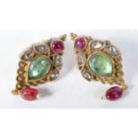 A Pair of Antique Gold Earrings set with Mughal Cut Diamonds and Gemstones. 4cm x 1.7cm, total