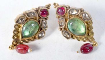 A Pair of Antique Gold Earrings set with Mughal Cut Diamonds and Gemstones. 4cm x 1.7cm, total