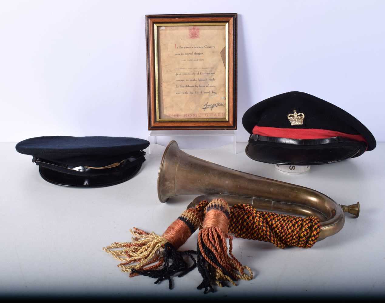 A Military collection , brass Bugle,Caps and a Certificate of Service in the Home Guard during WW2 - Image 2 of 6