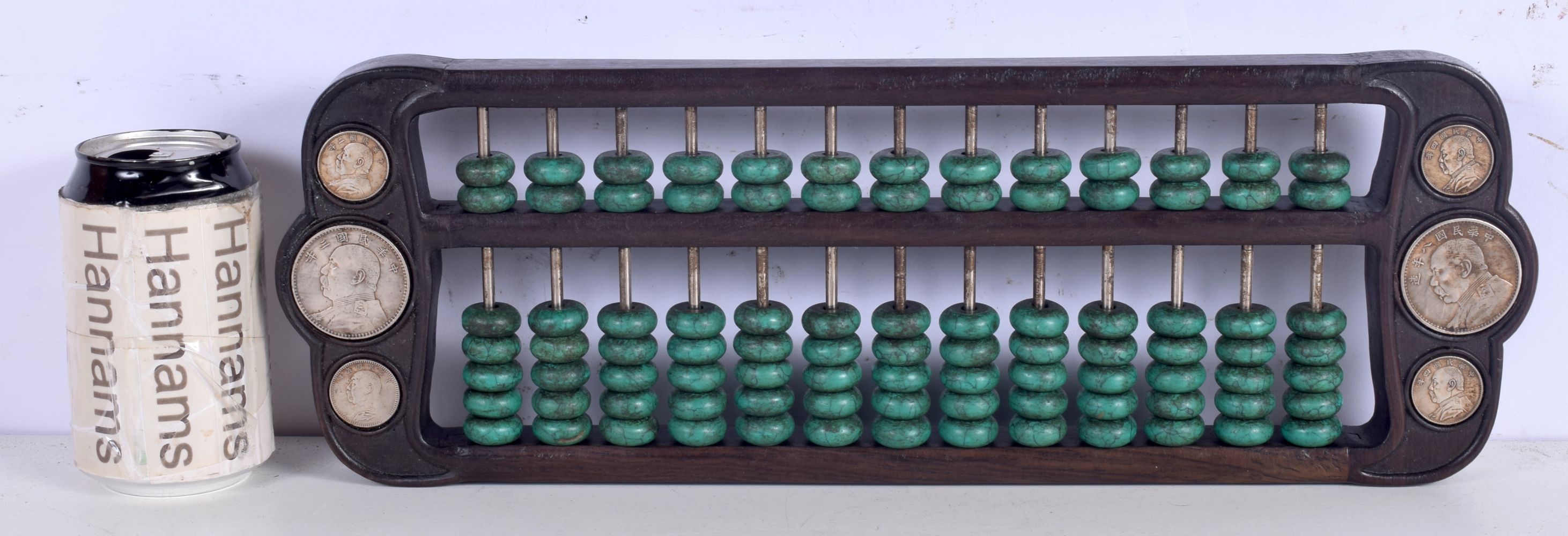 A Chinese hardwood and Turquoise bead abacus 15 x 42 cm.