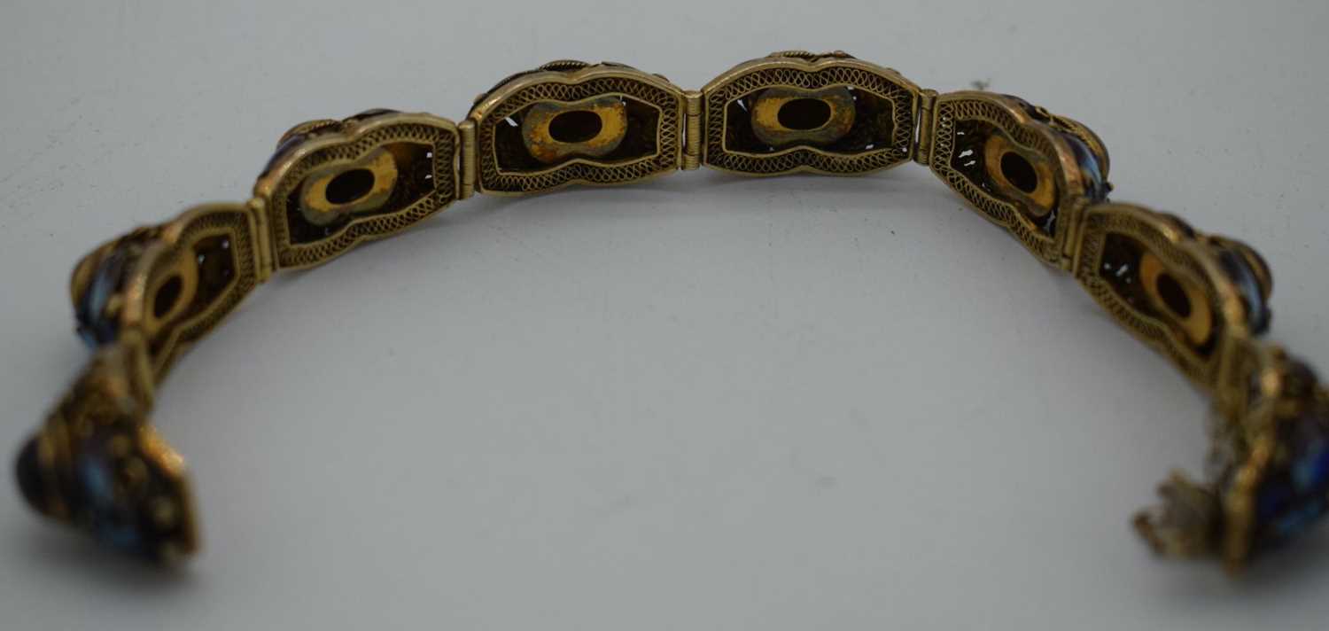 A LATE 19TH CENTURY CHINESE SILVER GILT ENAMEL AND TIGERS EYE BRACELET. 29 grams. 18cm long. - Image 3 of 15