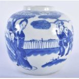 A 19TH CENTURY CHINESE BLUE AND WHITE PORCELAIN GINGER JAR Kangxi style, painted with figures. 14 cm