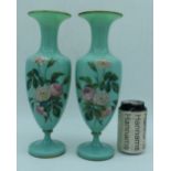 A pair of antique Opaline glass vases decorated with flowers 31 cm (2)