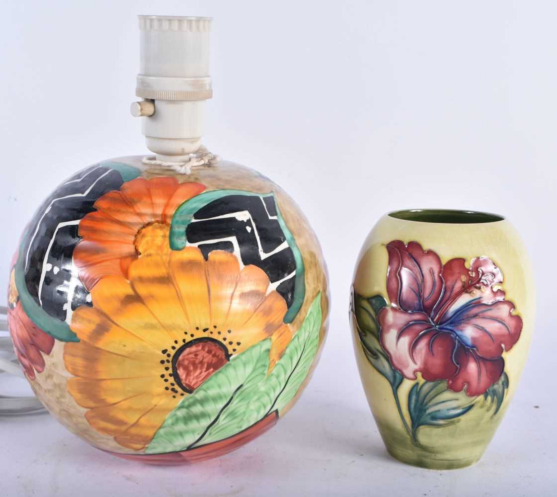 AN ART DECO POTTERY CROWN DEVON LAMP together with a Moorcroft vase. 22 cm x 14 cm. (2) - Image 2 of 3