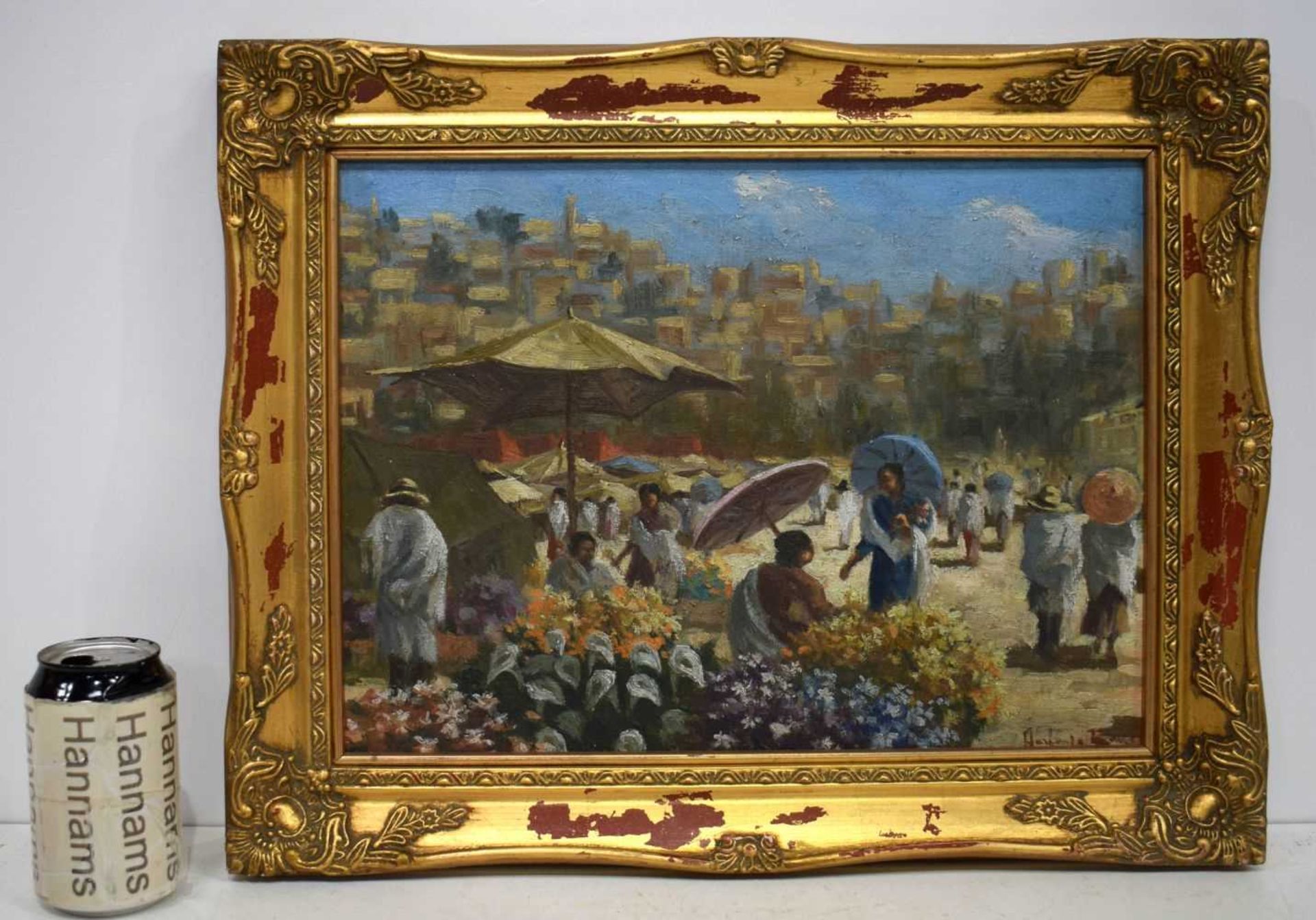 A framed continental oil on canvas of a street scene, signed indistinctly 28 x 38 cm. - Image 2 of 8