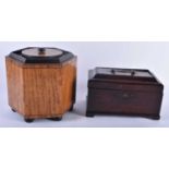 A GEORGE III MAHOGANY TEA CADDY together with a large satinwood biscuit barrel and cover. Largest 20