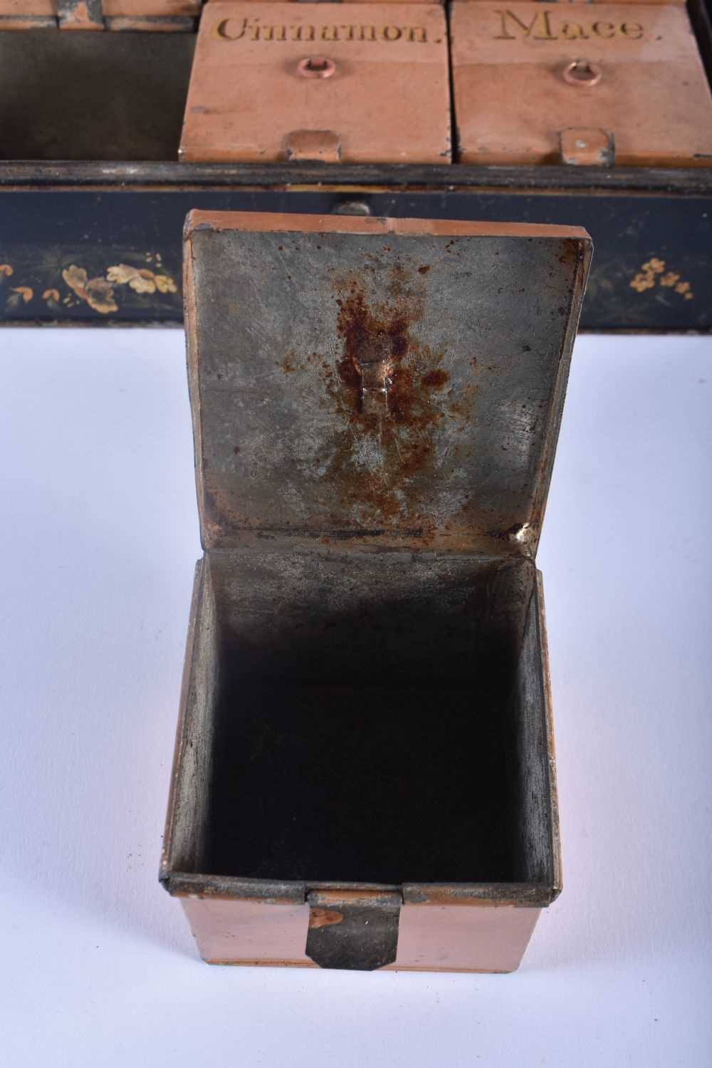 AN UNUSUAL 19TH CENTURY COUNTRY HOUSE TOLEWARE SPICE BOX with six fitted period individual boxes. 22 - Image 4 of 5