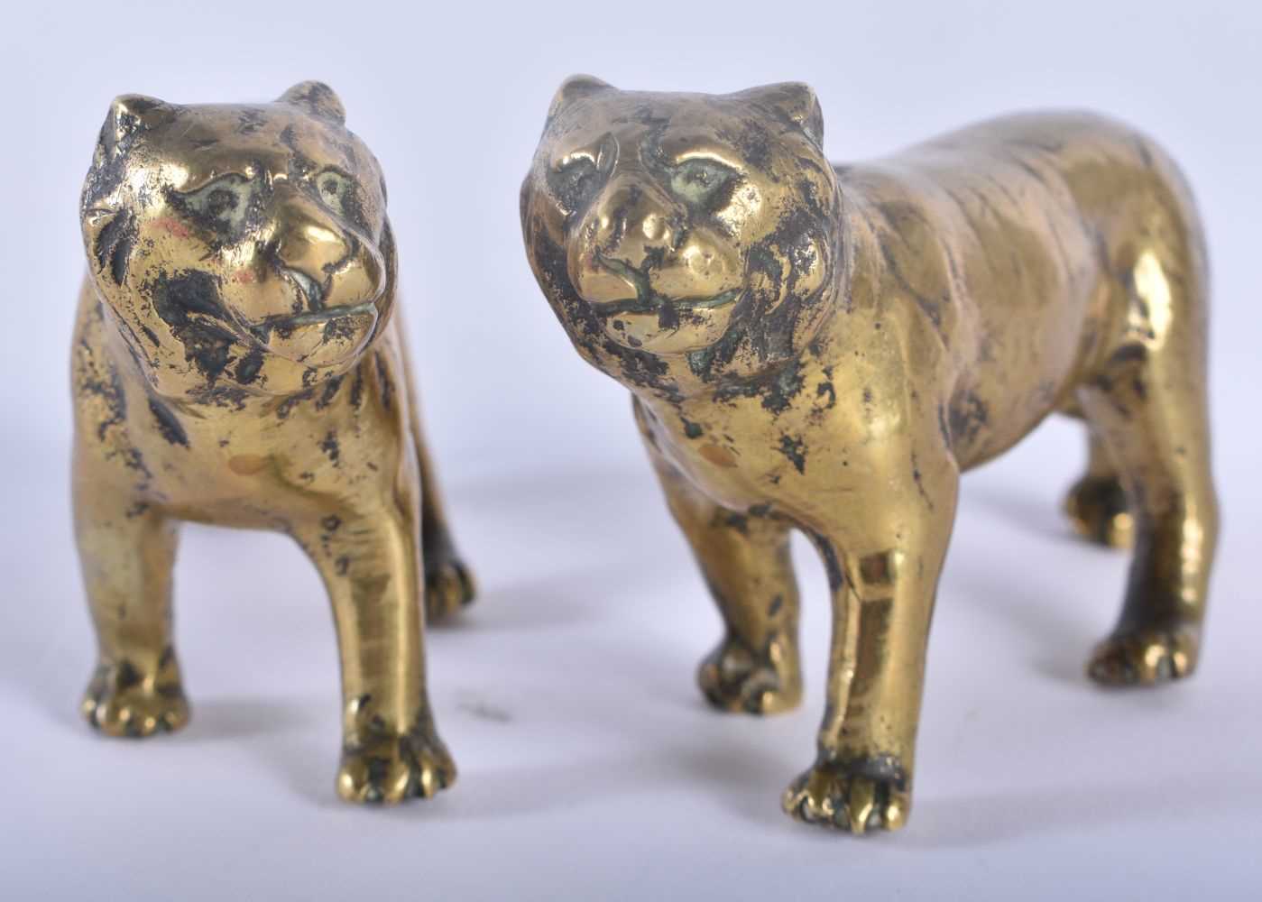 A PAIR OF 19TH CENTURY JAPANESE MEIJI PERIOD BRONZE TIGERS together with two boxwood netsukes. - Image 9 of 11